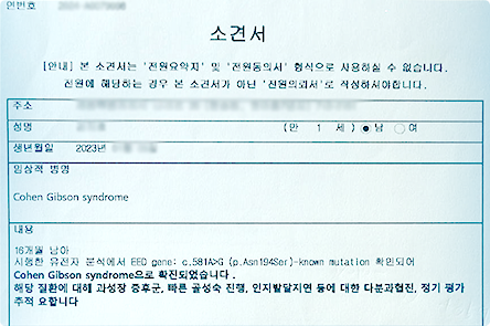 태오의 의사 소견서의 일부 발췌한 사진